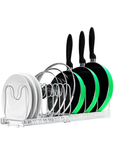 ECASA&trade; Expandable Pans Organizer Rack,10 Adjustable Compartments, Pantry Cabinet Bakeware Lid Plate Holder (White)