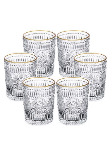 6-Piece Glass Cup Set Golden-rim Glasses Embossed Floral Decorative Water Glasses Cups Set Gifts