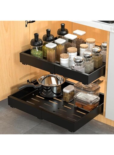 Fohome Pull Out Cabinet Organizer,Extendable Slide Out Drawer Storage Shelves for Kitchen Cupboard with Adhesive Film,Roll Out Shelf Storage for Kitchen Base Cabinet Organization,Pantry,Bathroom(Grey)
