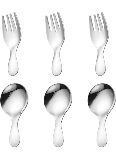 Short-Hand Round Spoon &amp; Fork Set   Cute Mini Dipper Fork for Tableware   Stainless Steel Multi-Functional Cutlery Set for Outdoor &amp; Everyday Use (6 Pieces,Silver)