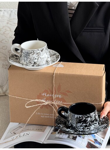 Hand-Painted Ceramic Coffee Cup Gift Set, 2 Sets of Cups and Saucers Floral and Leaves design with Elegant Gift Box, Perfect Choice for Coffee, Tea or Espresso Lovers,250 Capacity