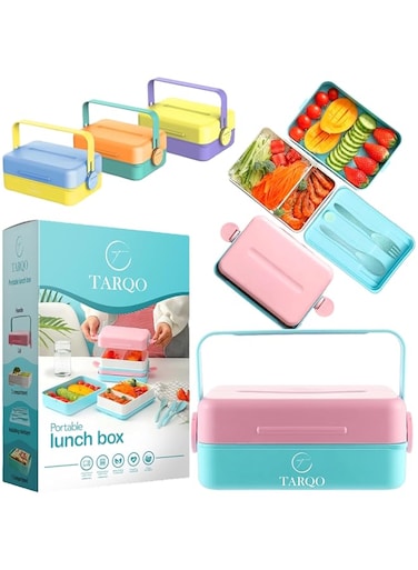 Lunch Box for Adults,Kids  Leak-proof Two-Layer 3 Compartments Tiffin Box with Fork,Spoon   Insulated Bento Lunch Box with cutelry for men,women,kids Bento Lunch Box for Work, office, School (Pink)&hellip;