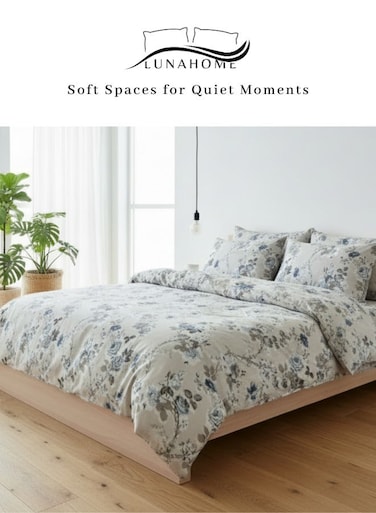 Home Queen Size 6 Pieces: 1 Duvet cover - 200*230cm.; 1 Flat sheet - 230*250cm.; 4 Pillow covers - 50*75cm. Bedding set blue floral patterns