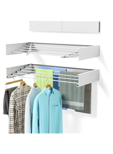 MANYUK 80 * 40 * 10cm Wall Mounted Clothes Drying Rack, Laundry Drying Rack Collapsible, 5 Aluminum Rods, Laundry Racks for Drying Clothes with Wall Template(White)