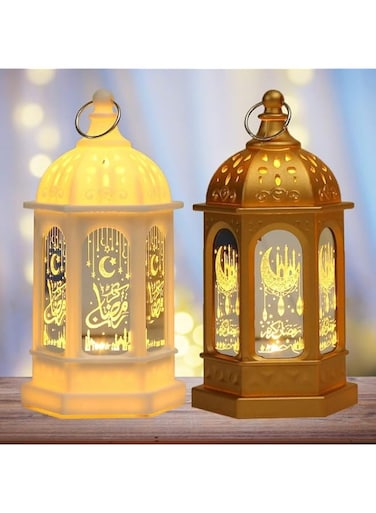 QianZhou-Uk Ramadan Lantern 5.5" Ramadan Decorations Eid Lights,Golden Eid Mubarak Candle Lantern Kids Gifts for Home, Table, Tree, Party, Porch (Gold+White)