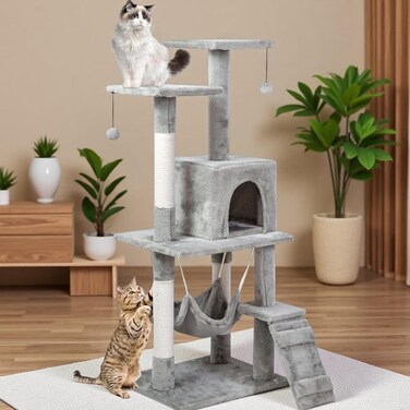 Cat Tree Tower for Indoor Cats &mdash; Multi-Level Cat Condo with 4 Sisal Scratching Posts, Cozy Hammock &amp; Condo House, Ladder &amp; Rest Platforms, Plush &amp; Stable Activity Center (120&times;49&times;39 cm, Grey)