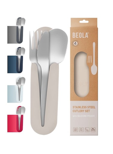 Stainless Steel Cutlery Set, Travel Utensils Set with Silicone Case Pouch, Fork Spoon Knife Camping Set, Cutlery Set for Kids School, Set of 4 (Sand Dune)
