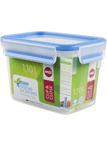 Emsa 508541 Clip &amp; Close rectangular food storage container 1.1 litre, transparent/blue