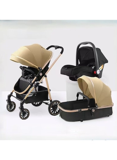 Duchic&trade; 3-in-1 Baby Stroller with Carrycot, Car Seat &amp; Reclining, Lightweight Travel Stroller, Foldable Baby Stroller, baby stroller 0-3 years (KHAKI &amp; BLACK)
