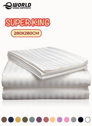3 Piece Super King White Striped Bed Sheet Set &ndash; Ultra-Soft Microfiber Sheet with 2 Pillowcases, Luxury Bedding for Home &amp; Hotel