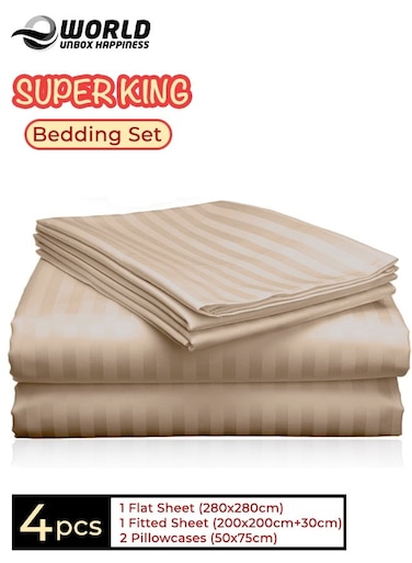 4-Piece Luxury Super King Cream Striped Bedding Set &ndash; Premium Microfiber Flat &amp; Fitted Sheets with 2 Pillowcases