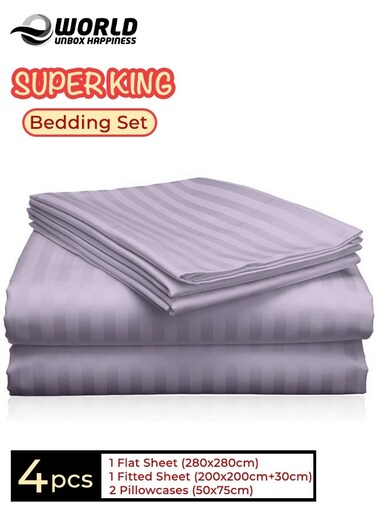 4-Piece Luxury Super King Lilac Striped Bedding Set &ndash; Premium Microfiber Flat &amp; Fitted Sheets with 2 Pillowcases