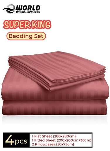 4-Piece Luxury Super King Maroon Striped Bedding Set &ndash; Premium Microfiber Flat &amp; Fitted Sheets with 2 Pillowcases