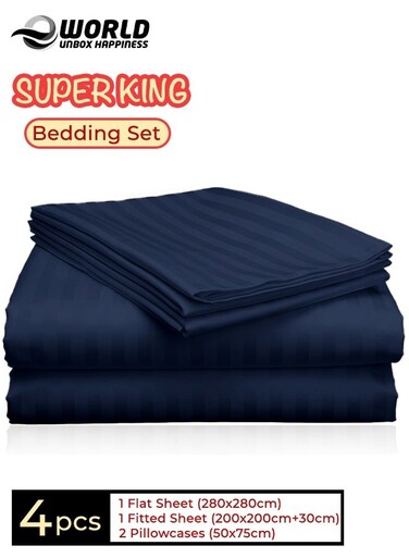 4-Piece Luxury Super King Navy Blue Striped Bedding Set &ndash; Premium Microfiber Flat &amp; Fitted Sheets with 2 Pillowcases