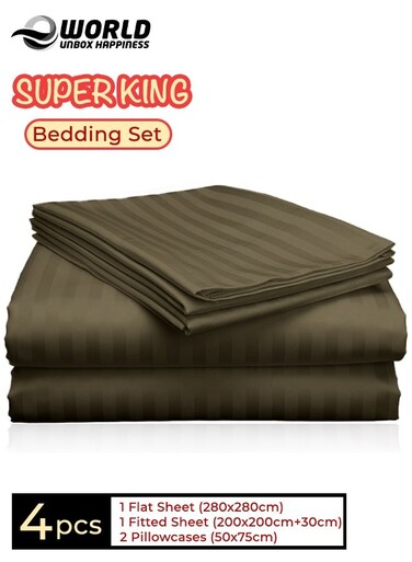 4-Piece Luxury Super King Olive Green Striped Bedding Set &ndash; Premium Microfiber Flat &amp; Fitted Sheets with 2 Pillowcases