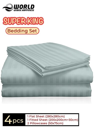 4-Piece Luxury Super King Pastel Green Striped Bedding Set &ndash; Premium Microfiber Flat &amp; Fitted Sheets with 2 Pillowcases