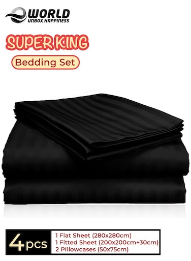 4-Piece Luxury Super King Black Striped Bedding Set &ndash; Premium Microfiber Flat &amp; Fitted Sheets with 2 Pillowcases
