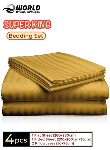 4-Piece Luxury Super King Gold Striped Bedding Set &ndash; Premium Microfiber Flat &amp; Fitted Sheets with 2 Pillowcases