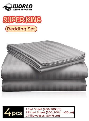 4-Piece Luxury Super King Grey Striped Bedding Set &ndash; Premium Microfiber Flat &amp; Fitted Sheets with 2 Pillowcases