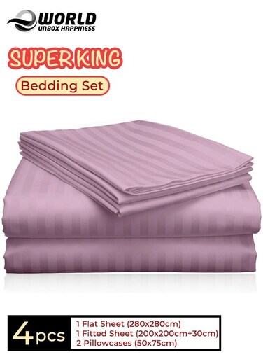 4-Piece Luxury Super King Pink Striped Bedding Set &ndash; Premium Microfiber Flat &amp; Fitted Sheets with 2 Pillowcases
