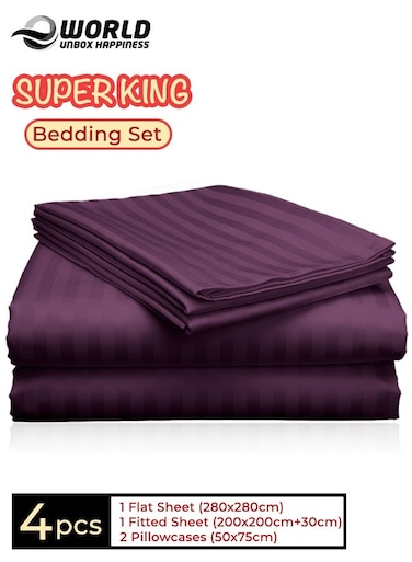4-Piece Luxury Super King Purple Striped Bedding Set &ndash; Premium Microfiber Flat &amp; Fitted Sheets with 2 Pillowcases