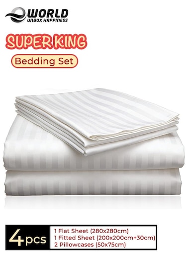 4-Piece Luxury Super King White Striped Bedding Set &ndash; Premium Microfiber Flat &amp; Fitted Sheets with 2 Pillowcases