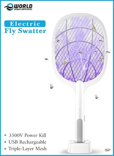 Electric Fly Swatter 3500V USB Rechargeable Mosquito Bat with LED Light &amp; Charging Base (White)