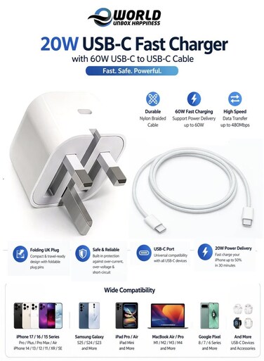 20W Type-C Fast Charger with 1M USB-C Cable &ndash; Power Delivery Charging Set for iPhone, iPad &amp; Type-C Devices (White)