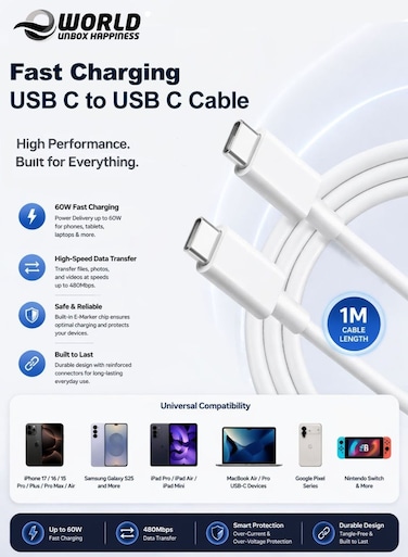 Type-C to Type-C Fast Charging Cable 1M, USB-C High-Speed Charge &amp; Data Cable for iPhone 17/16/15 Pro Max, iPad, MacBook, Samsung Galaxy (White)