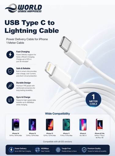USB-C to Lightning Fast Charging Cable 1M, High-Speed Charge &amp; Data Sync Cable for iPhone 14/13/12/11 Pro Max, XS, XR, X, 8, 7, 6, SE &amp; iPad (White)