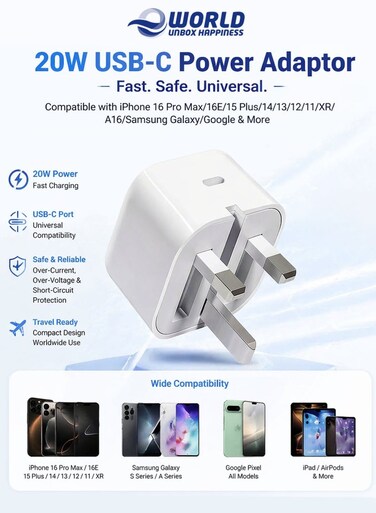 20W USB-C Fast Charger UK Plug, Type-C Power Adapter Folding Travel Wall Charger for iPhone 17/16/15 Pro Max, iPad, Samsung Galaxy, Google Devices (White)