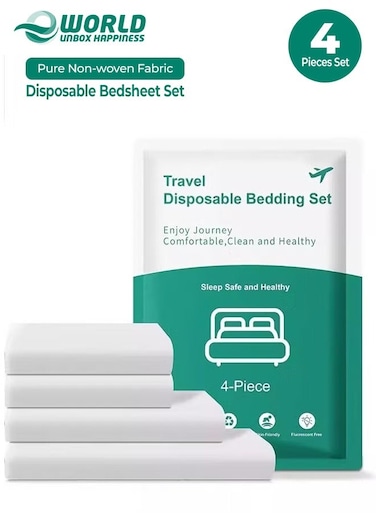 4 PCS Disposable Bed Sheet Set Travel Bedding Kit, Breathable Lightweight Non-Woven Fabric, 1 Quilt Cover + 1 Sheet + 2 Pillowcases (White)