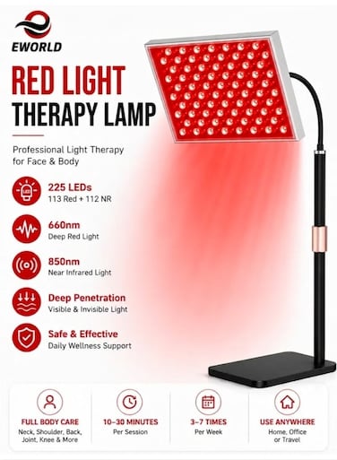 LED Red Light Therapy Lamp with Adjustable Stand, 660nm &amp; 850nm Infrared Light, 225 LEDs for Skin Care, Pain Relief &amp; Full Body Wellness