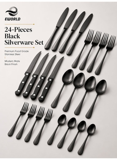 24-Piece Black Stainless Steel Cutlery Set, Premium Food Grade Flatware Set for Home, Kitchen &amp; Restaurant Use
