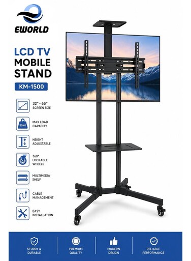 Single Monitor Adjustable TV Floor Stand with Wheels, Swivel Mobile TV Mount for 32&ndash;65 Inch LCD/LED Screens with Camera Shelf &amp; DVD Rack