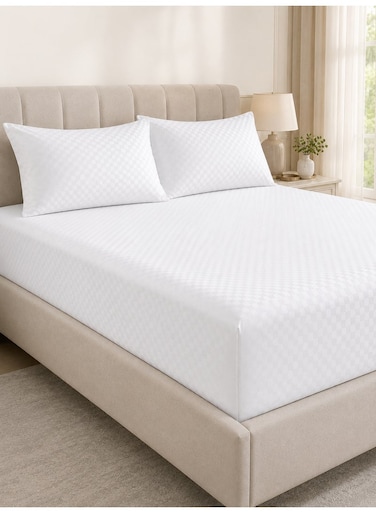 3-Piece Printed Microfiber Fitted Bedsheet Set Queen Size with 2 Pillow Covers, Mini Check Print, Deep Pocket, Breathable &amp; Fade Resistant