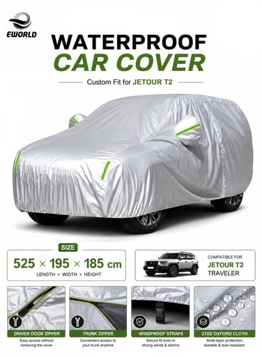Jetour T2 Car Cover, Waterproof 210D Oxford Cloth Full SUV Car Cover with UV Protection, Windproof Straps &amp; Zipper Door