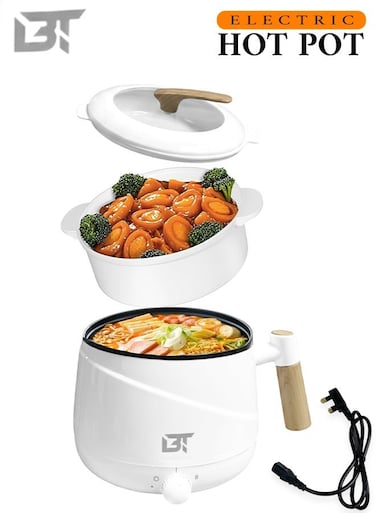 Electric Hot Pot 1.5L Ramen &amp; Noodle Cooker with Lid and Steamer, Non-Stick Mini Hotpot for Dorm &amp; Home

