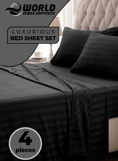 4-Piece Luxury King Size Striped Bedding Set with Duvet Cover, Fitted Bed Sheet &amp; 2 Pillowcases, Hotel-Inspired Comfort