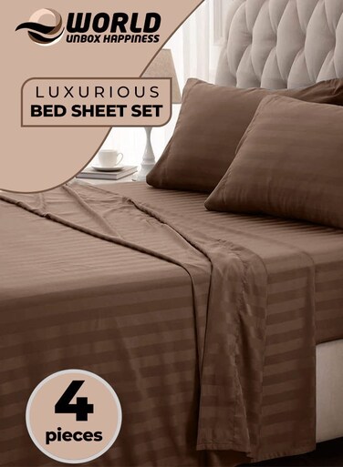 4-Piece Luxury King Size Striped Bedding Set with Duvet Cover, Fitted Bed Sheet &amp; 2 Pillowcases, Hotel-Inspired Comfort