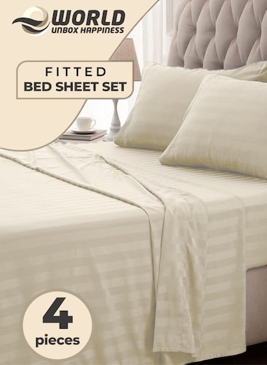 4-Piece Luxury King Size Striped Bedding Set with Duvet Cover, Fitted Bed Sheet &amp; 2 Pillowcases, Hotel-Inspired Comfort