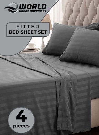 4-Piece Luxury King Size Striped Bedding Set with Duvet Cover, Fitted Bed Sheet &amp; 2 Pillowcases, Hotel-Inspired Comfort