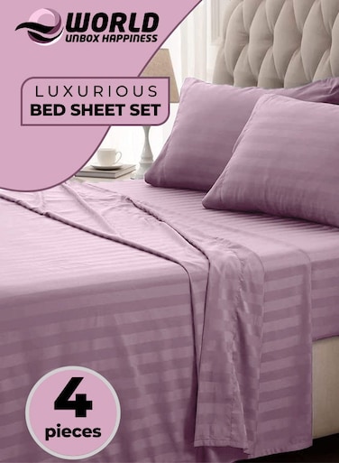 4-Piece Luxury King Size Striped Bedding Set with Duvet Cover, Fitted Bed Sheet &amp; 2 Pillowcases, Hotel-Inspired Comfort
