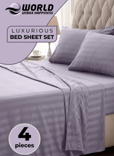 4-Piece Luxury King Size Striped Bedding Set with Duvet Cover, Fitted Bed Sheet &amp; 2 Pillowcases, Hotel-Inspired Comfort