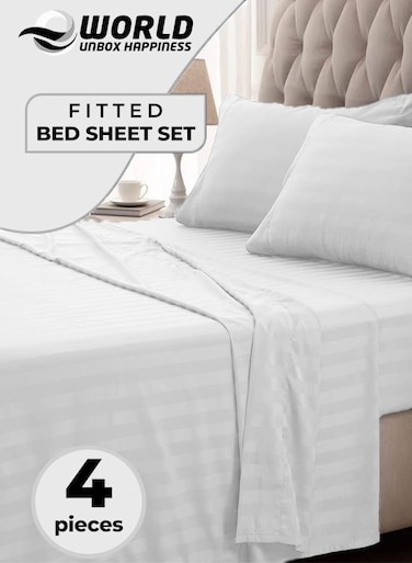 4-Piece Luxury King Size Striped Bedding Set with Duvet Cover, Fitted Bed Sheet &amp; 2 Pillowcases, Hotel-Inspired Comfort