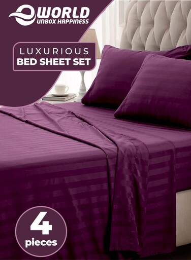4-Piece Luxury King Size Striped Bedding Set with Duvet Cover, Fitted Bed Sheet &amp; 2 Pillowcases, Hotel-Inspired Comfort