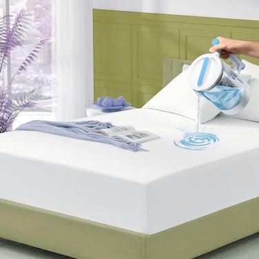 Waterproof Fitted Mattress Protector with Deep Pocket Featuring Absorbent Cotton Terry Surface, 150x200+30cm