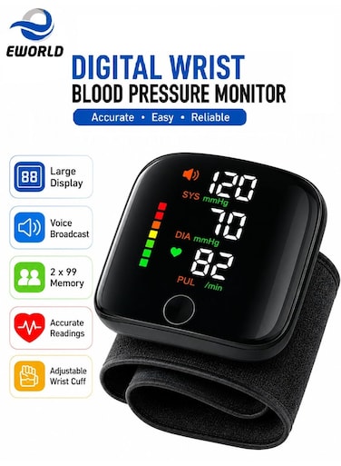 Digital Wrist Blood Pressure Monitor &ndash; Automatic BP &amp; Heart Rate Monitor with Adjustable Wrist Cuff, 2&times;99 Memory Storage, Large LCD Display, Voice Broadcast &amp; Portable Carrying Case