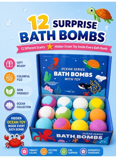 Kids Bath Bomb Gift Set &ndash; Pack of 12 Colorful Fizzy Bath Bombs with Surprise Toys Inside, 12 Unique Scents