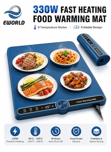 Food Warming Mat &ndash; 330W Fast Heating Foldable Silicone Warming Tray with 9 Temperature Modes &amp; Timer
